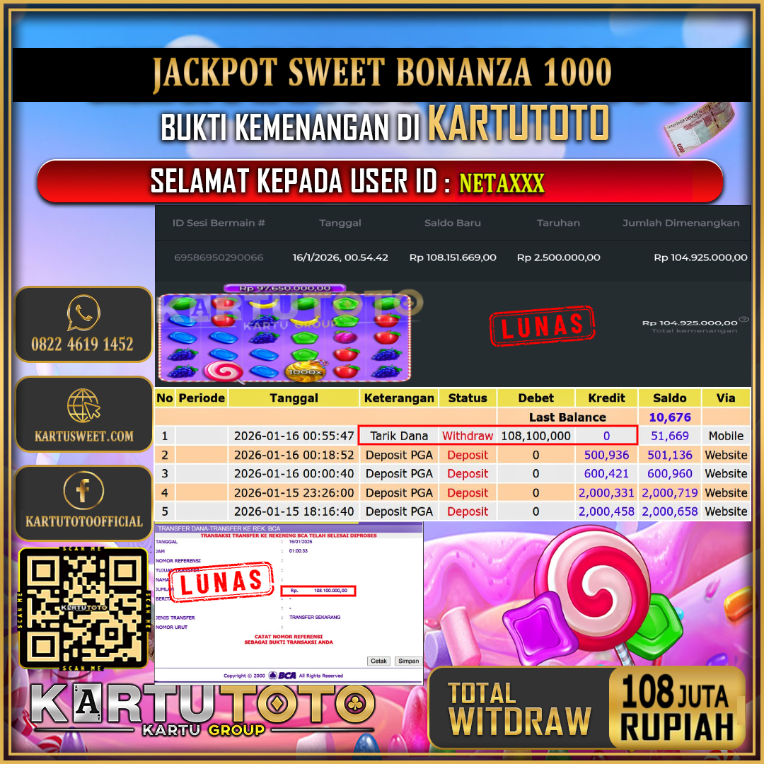 KARTUTOTO JACKPOT SLOT SWEET BONANZA 1000 Rp.108.000.000,- LUNAS USER ID :  NETA***‎ ‎ ‎ 