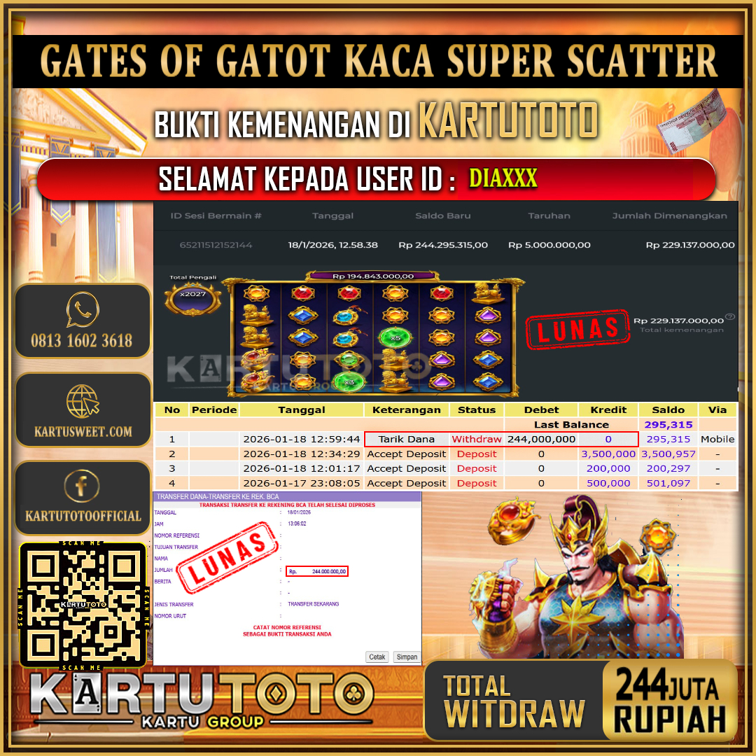 KARTUTOTO JACKPOT SLOT GATES OF GATOT KACA SUPER SCATTER Rp.244.000.000,- LUNAS USER ID :  DIA***‎ ‎ ‎ 